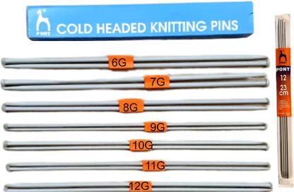 Pony Knitting pins/Knitting Needles, Single Point Round Knob Aluminium (Length 25cm)- Set of 7 with neck needles (12 no.) Knitting Pin