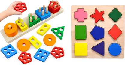 Authfort Montessori Toys for 1-3 Years Old Toddlers, Wooden Sorting and Stacking & Geometry Matching Puzzles Stacking Building Blocks Combo pack of 2