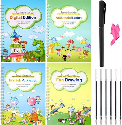 QERINKLE UPDATED Magic Practice Copybook, English Handwriting Drawing Book Set, WOQZILINE Reusable Alphabet Calligraphy Tracing for Kids Toddlers Age 3-5 Years (4 BOOK + 15 REFILLS)