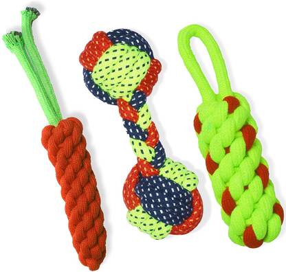 The Woof Company Combo of 3 Durable Pet Teeth Cleaning and Chewing Knotted Small and Medium Dog Rope Toys (Color May Vary) (Rope Dumble Combo) Cotton Chew Toy For Dog