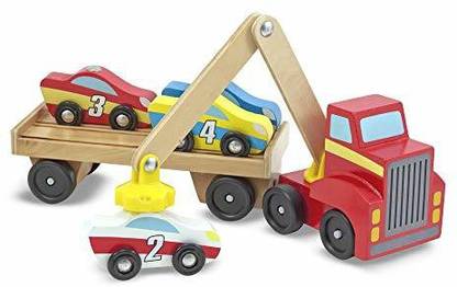 MELISSA & DOUG Magnetic Car Loader Wooden Toy Set With 4 Cars and 1 Semi-Trailer Truck