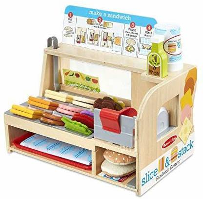 MELISSA & DOUG Wooden Slice & Stack Sandwich Counter with Deli Slicer – 56-Piece Pretend Play Food Pieces