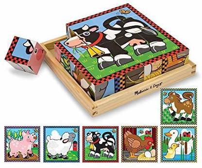 MELISSA & DOUG Farm Wooden Cube Puzzle With Storage Tray - 6 Puzzles in 1