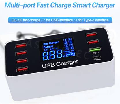 microware Multi USB 8-Port Smart Fast Desktop Hub Wall Charger,Charging Station Quick Charge 3.0 USB Type C Port With LED Display Model : A9+ USB Charger