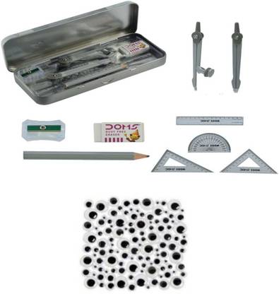 imtion School kit 2 in 1 ( Steel Jometry / Pencil Box wit mathmatics material + 10 Pcs Googly Eye Mis Size ) Best Quality Jometry box -