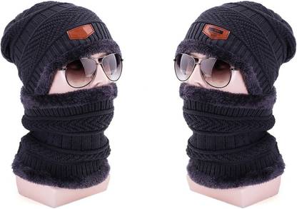 Unisex Warm Cap Stylish Winter Woolen Beanie Cap Scarf Set with Fur Inside Cap