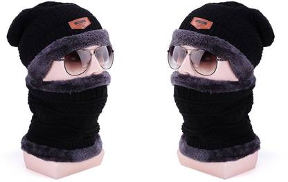 Unisex Warm Cap Stylish Winter Woolen Beanie Cap Scarf Set with Fur Inside Cap