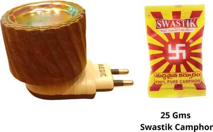 Epoojacart Wood Kapoor Dani with 25 gms Swastik Camphor- Dhoop Dani Incense Burner- Quick Burn - Electric Wood Kapoor Dani Wooden Incense Holder