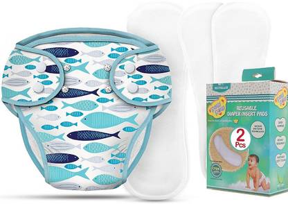 Paw Paw Reusable Cloth Diaper with Inserts Combo, Blue Fish Printed Diaper + 3 Wet Free Inserts for 9-14 months Babies - Large Size