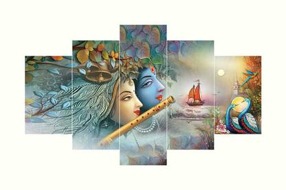 Great Art Decor Abstract Theme - Set Of 5 Shri Krishna And Radha Flute Love Framed Wall Painting 3D Scenery (75 x 43 Cm) , Multicolor Digital Reprint 17 inch x 30 inch Painting