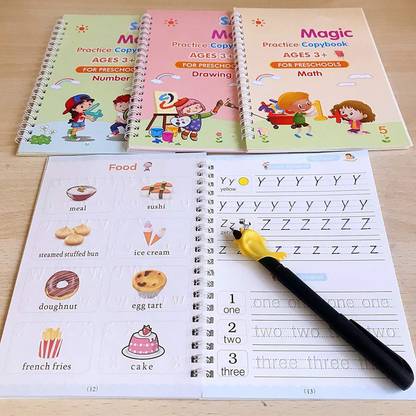 Sank Magic Practice Copybook, Number Tracing Book For Preschoolers With Pen, Magic Calligraphy Copybook Set Practical Reusable Writing Tool Simple Hand Lettering (4 Books + 10 Refill)