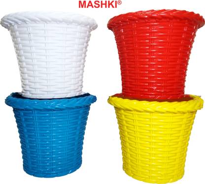 MASHKI 6 Inch Juhi Garden Pot, MAT Designed Multicolored, Plastic Pots (Pack of 4) Plant Container Set, Beautiful Round Gamla Pot for Home Gardening, Flower Pot for your Balcony Plant Container Set