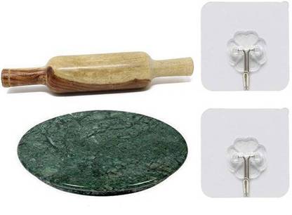 crafly Green Marble Chakla (Roti Maker) with Wooden Belan & 2 Self Adhesive Hooks (Pack Of 1 Board + Belan + 2 Self Adhesive Hooks) Rolling Pin & Board