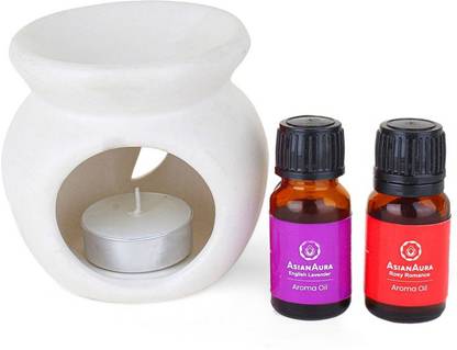Asian Aura Aroma Oil Burner Moon Cut Shape with 1 Candle & 2 Fragnance oil (English Lavender,Rosy Romance) Gift Set for Home Fragnance, White Diffuser Set Aroma Oil Burner-36