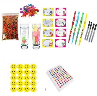 imtion Combo Craft 6 set ( 35 Smile Sticker yellow emoji + 80 star sticker + 10 Pcs water growing animal + 1000 Pcs water crystal ball + 8 pcs name slip + 1 Pcs Mechanical pencil any colour ) for kids play