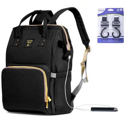 SUNVENO Diaper Bag with USB - Black + Hooks Diaper Bag