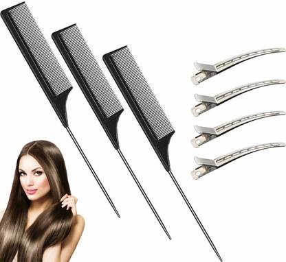 SANDIP 3 pcs Carbon Tail Comb Fiber Teasing Combs Rat Tail Comb Stainless Steel Pintail Comb Heat Resistant Teasing Comb Metal Alligator (3) Curl Clips (Black)