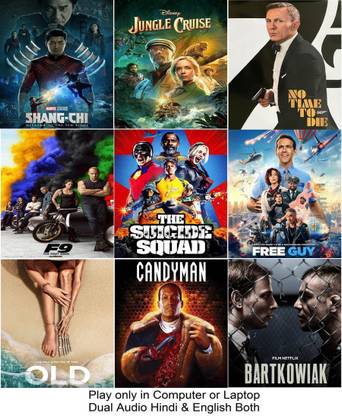 Shang-Chi and The Legend of The Ten Rings , Fast and Furious 9 , Jungle Cruise , Free Guy , The Suicide Squad , No Time To Die , Bartkowiak , Candyman , Old (9 Movies) dual audio Hindi & English both it's burn data DVD play only in computer or laptop not in DVD or CD player it's not original without poster