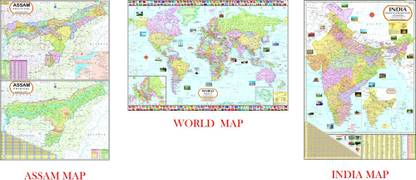 Assam Map, India Map & World Map | NON LAMINATED | SET OF 3 | Useful for UPSC, PCS, SSC, RAILWAYS, State and Other Competitive Exams Paper Print