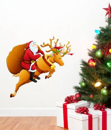 Decor studio 60 cm Santa claus on flying reindeer with gift bag multicolor pvc vinyl wall sticker Self Adhesive Sticker