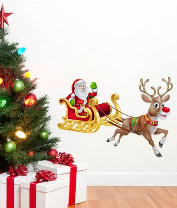 Decor studio 60 cm Santa on reindeer yard multicolor pvc vinyl wall sticker Self Adhesive Sticker