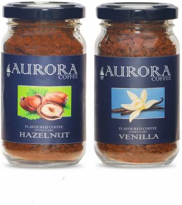 aurora coffee Combo Pack of 2 Flavoured Coffee | Hazelnut | Vanilla | 100% Pure & Natural Coffee Powder | No Added Sugar | Fresh & Premium Instant Coffee (2 x 60 g, Hazelnut and Vanilla Flavoured) Instant Coffee