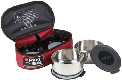 cello Proton Stainless Steel Electric Lunch Box, Set of 2, Maroon 2 Containers Lunch Box