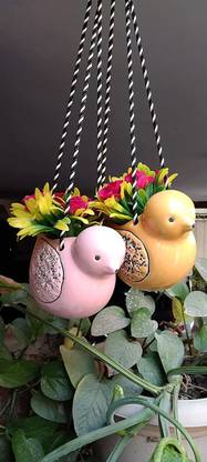 INDIA MEETS INDIA Birds Hanging Planter [Pink & Green], Cute Sparrow Planters for Succulent, Cactus, Air Plants, Herbs & Other Small Plants, Perfect for Home Decor, 20 x 6.5 x 5 INCHES, Set of 2 Plant Container Set