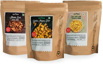Evolve snacks Snacks Pack of 3 Super Grains Combo | Moong Daal Chips | Oats Chips | Quinoa Masala Puff | All Natural Grains and Millets | Vacuum Cooked | Gluten Free | No Added Preservatives