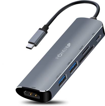 POWERUP Elite NEO 6 in 1 Multi-Port Hub Adapter Compatible with All USB-C Port 5GBPS, 2 USB-C Port, Type-C PD Charge 3.0, SD/TF Card Reader & HDMI 4K (30Hz) for MacBook Pro 13" & 15" (Gun Metal) USB Adapter
