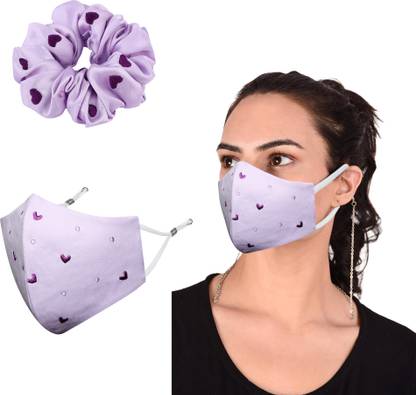 MASQ Heart Embroidered, Scrunchie & 4 Layer Cotton Cloth Face Mask Combo with Detachable Chain for Women in Large Size (Pack of 2) Rubber Band