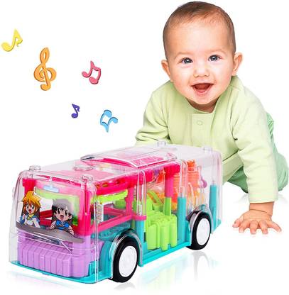 Toyvala Great Multifunctional Gear Light Bus Toy with Mechanical Gears Simulation,Transparent Body,3D Lights,Different Types of Music, Horn &Engine Starting Sound,360-degree Rotation for +3 Years