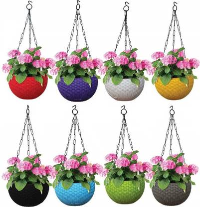 DawnRays 8 inch Hanging Flower Pot Railing Flower Pots for Balcony/Outdoor Flower Stand/Flower Stand/Flower Pot Stands Plant Container plastic Hanging Pots Planter Pot Diameter 8.5 Inch, Pot Height 4.8 Inch, Pot Thickness 3 mm, Chain Length 13 inch (Pack of 8) Plant Container Set