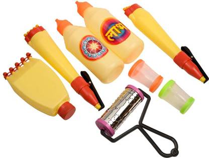 Panca Rangoli Making Tools - 2 Ivory Pens, 2 Bottles, 1 Yellow Patta - 5 line, 1 Roller, 2 Fillers Rangoli Stencil