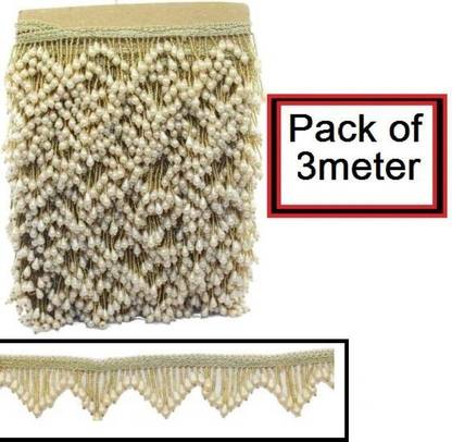 gofii Antic cream pearl moti heavy tussel hanging zig-zag lace for Dresses, Lehenga, Saree, Border Material, Dupatta, Gowns Designing, Craft & Art Decoration. (3meter) Lace Reel (Pack of 1) Lace Reel