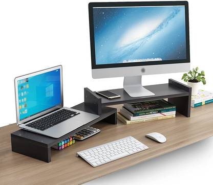 UniAart Dual Monitor Stand Riser for PC, Computer, Laptop (Brown) Wooden Desk Stand Laptop Stand Compatible with Universal, 26 - 35 cm Laptops
