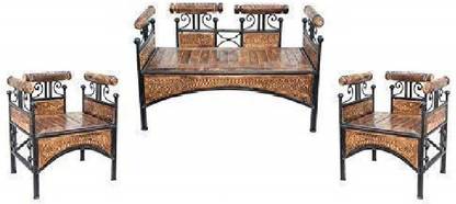 Smarts collection Royal look Wood & Wrought Iron sofa set Leatherette 2 + 1 + 1 Sofa Set