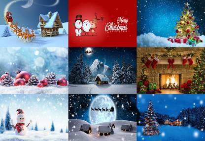Smoky Design Merry Christmas, Christmas Scenery, Christmas Tree, Christmas Decoration Light Poster Wallpaper Combo of 9 Pack of 9