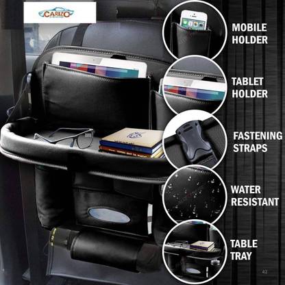 CARIZO Heavy Leather Car Back Seat Organizer with Foldable Dining Table Tray Waterproof Storage Pockets (Black) Compatible with Chevrolet Optra (2003-2005) Car Storage Bag & Bin