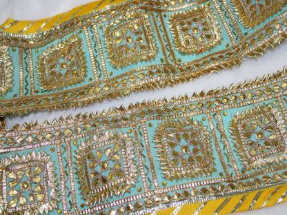 CMHOWLITE Golden Sky Blue Fancy Laces for Kurta pajama Plazzo Suit sherwani Saree Gown, Width- 5 Inch (12.17 cm), Pack of 9 Metre Golden Sky Blue Fancy Laces for Kurta Kuri pajama Plazzo Suit sherwani Saree Gown, Width- 5 Inch (12.17 cm), Pack of 9 Metre Lace Reel Lace Reel