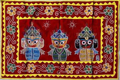 AnuMoh Handcrafted Cloth Applique Wall Hanging (Chandua), from Pipli in Odisha, Rectangular Idols of Jagannath Puri Tapestry