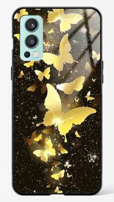 NDCOM Back Cover for OnePlus Nord 2 5G Golden Butterfly on Black Wallpaper Printed Glass Case