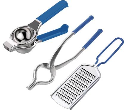 finality Stainless Steel pvc Tong Combo Set goti Pakkad + Lenon Squizer +Chees Grater Large Size (Blue Color) Kitchen Tool Set