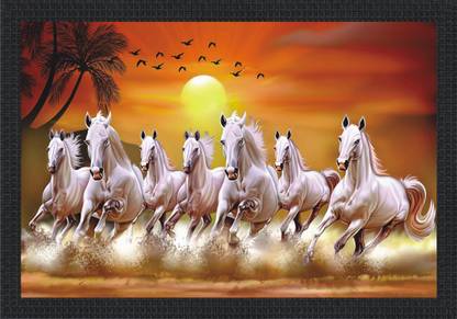 Vastu 7 Horse Running Wall Painting with Photo Frame (Without Glasses) Fine Art Print