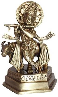 athizay Lord krishna With Cow Brass Statue 15 cm for gifting Decorative Showpiece  -  15.7 cm