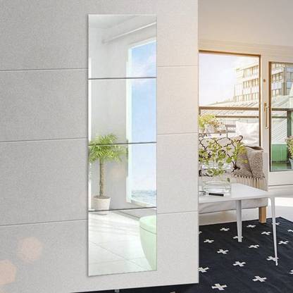 WallWear 12 cm 4 Very Big Square Silver 3D mirror acrylic wall stickers decorative Large Wall Sticker (Pack of 4) Self Adhesive Sticker
