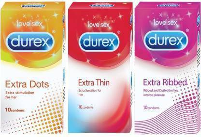 DUREX Extra Dotts, Thin, Ribbed Condoms Combo (Each 1 Pack) Condom