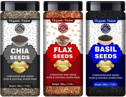 Organic Vision Combo Pack of Raw Chia Seeds, Brown Flax Seeds, Basil Seeds for weight loss, Healthy Heart and Boost Immunity seed for Eating Chia Seeds, Brown Flax Seeds, Basil Seeds