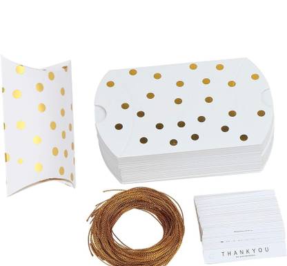 Vinayakart 50 Pieces Pillow Style Paper Candy Boxes,Striped Dots Party Gift Box with Rope and Thank You Label Paper Candy Gift Boxes with Rope and Thank You Label Paper Gift Wrapper