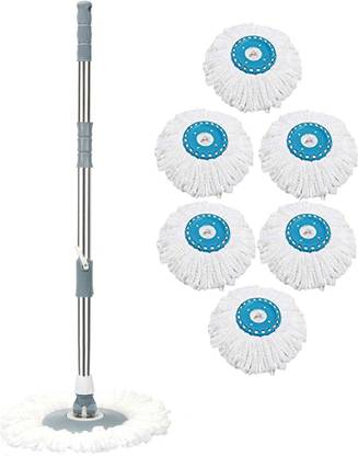 V-MOP Premium Classic Grey Mop Stick- India's Best Rod Set With 6 Microfiber Refills, Easy to fit for All Bucket Mop-DD5 Cleaning Wipe